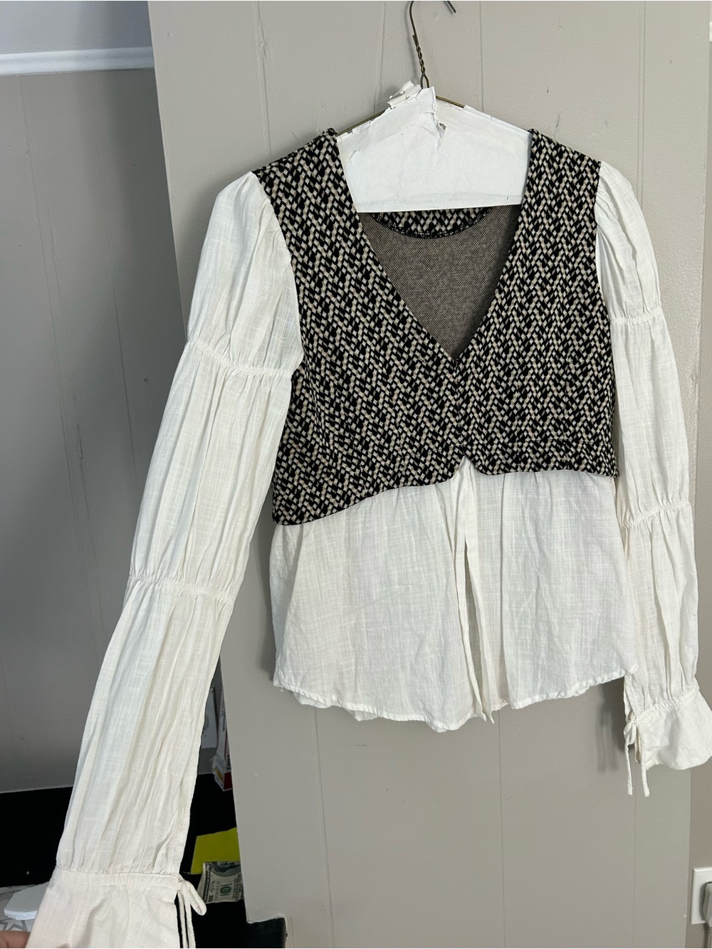 Anthropologie White Peasant Blouse with Black Patterned Vest - Picture 2 of 2